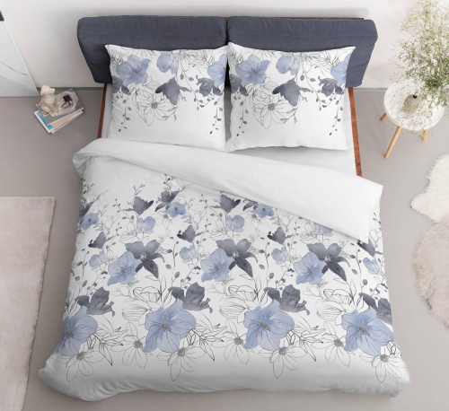 Pościel satyna bawełniana biała Home Satin 160x200 w błękitno popielate kwiaty
