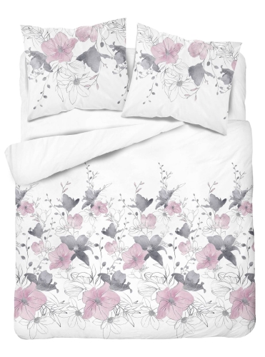 Pościel satyna bawełniana biała Home Satin 220x200 w różowo popielate kwiaty
