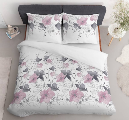 Pościel satyna bawełniana biała Home Satin 220x200 w różowo popielate kwiaty