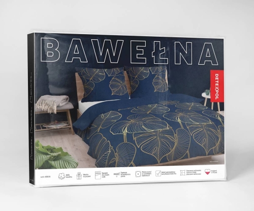 Pościel bawełniana granatowa 220x200 złote liście