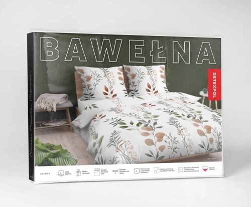 Pościel bawełniana biała 160x200 w rude i zielone kwiaty i liście