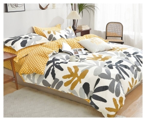 Komplet pościeli dwustronnej z bawełny satynowej 200x200 z dwoma poszewkami 50x70 biało musztardowo popielata