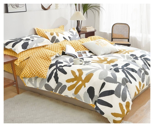 Komplet pościeli dwustronnej z bawełny satynowej 200x200 z dwoma poszewkami 50x70 biało musztardowo popielata