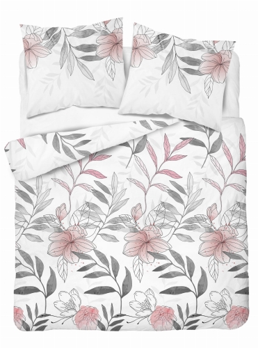 Pościel satyna bawełniana biała Home Satin 220x200 w kwiaty i liście