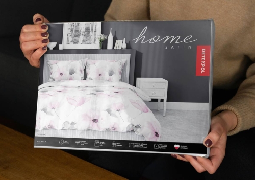Pościel satyna bawełniana biała Home Satin 220x200 w różowe kwiaty i szare liście