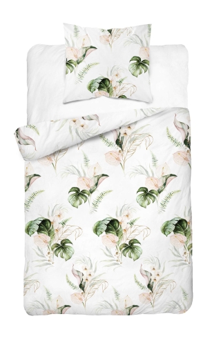 Pościel satyna bawełniana Home Satin 140x200 w monstery i kremowe kwiaty
