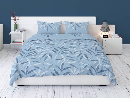 Pościel flanelowa błękitna 220x200 w liście