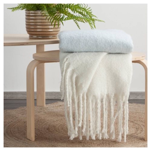 Koc niebiesko kremowy Moher 130x170 z frędzlami 