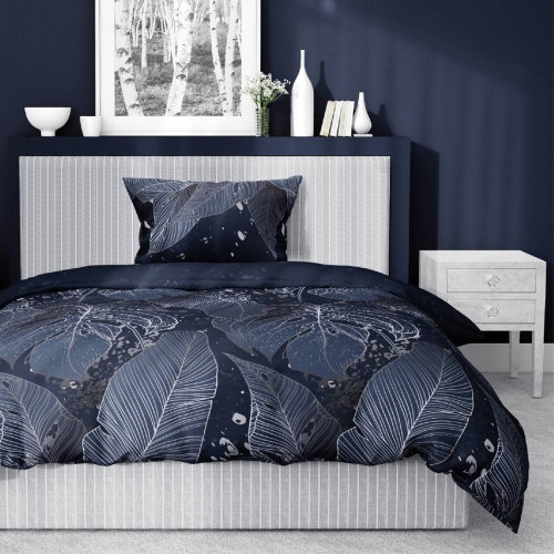 Pościel satyna bawełniana granatowa Home Satin 140x200 w srebrne liście