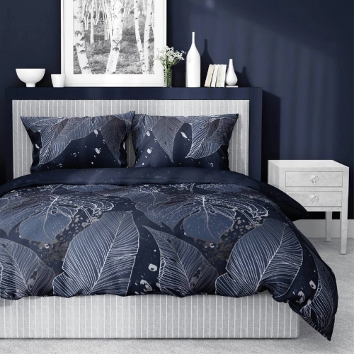Pościel satyna bawełniana granatowa Home Satin 180x200 w srebrne liście
