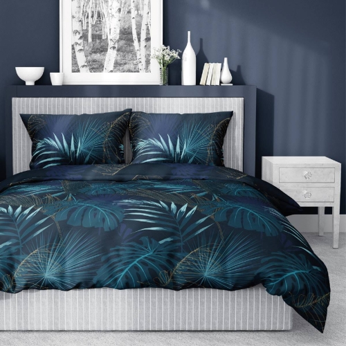Pościel satyna bawełniana granatowa Home Satin 160x200 w liście