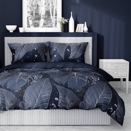 Pościel satyna bawełniana granatowa Home Satin 220x200 w srebrne liście