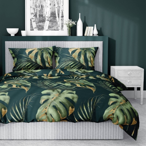 Pościel satyna bawełniana zielona Home Satin 160x200 w liście monstery