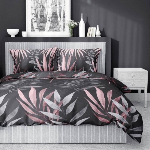 Pościel satyna bawełniana czarna Home Satin 160x200 w liście