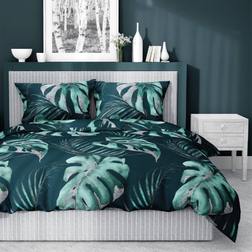 Pościel satyna bawełniana turkusowa Home Satin 180x200 liście monstery