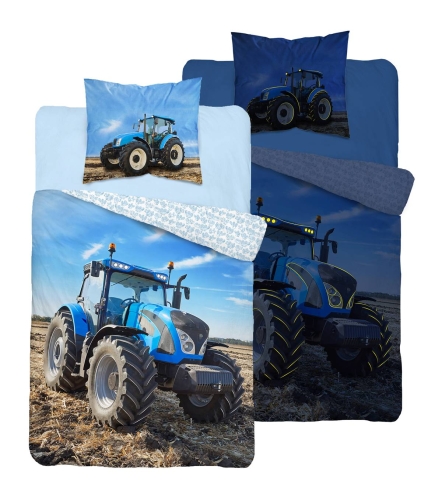 Pościel bawełniana świecąca 140x200 Niebieski Traktor