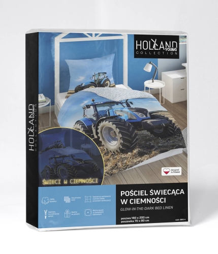 Pościel bawełniana świecąca 140x200 Niebieski Traktor