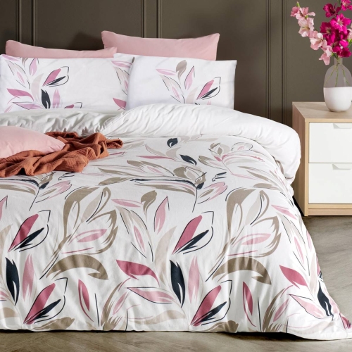 Pościel flanelowa biała 140x200 w różowe i beżowe listki