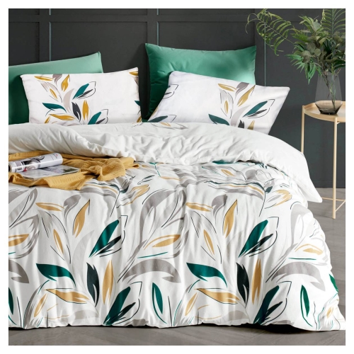 Pościel flanelowa biała 140x200 w zielone i musztardowe listki