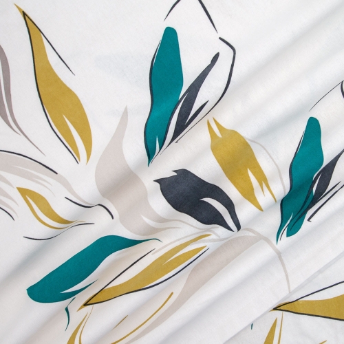 Pościel flanelowa biała 140x200 w zielone i musztardowe listki