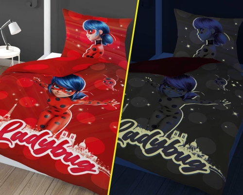 Pościel bawełniana świecąca 140x200 Biedronka i Czarny Kot