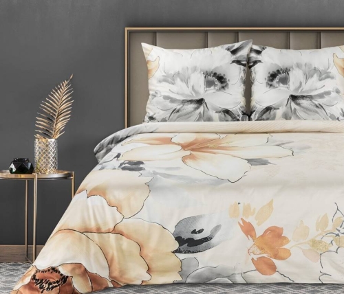 Pościel makosatyna bawełniana kremowo beżowa w kwiaty 220x200 Premium