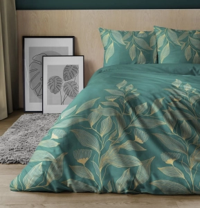 Pościel satyna bawełniana Home Satin zielona 220x200 w złote liście