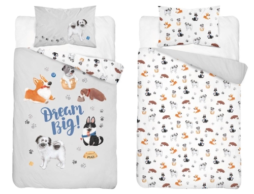 Komplet pościeli bawełnianej popielato białej do łóżeczka 100x135 Pieski