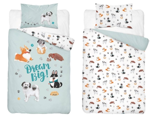 Komplet pościeli bawełnianej miętowo białej do łóżeczka 100x135 Pieski