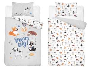 Komplet pościeli bawełnianej biało popielatej do łóżeczka 90x120 Pieski