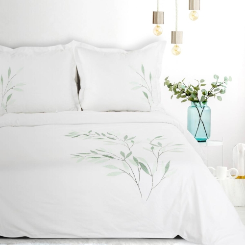 Premium pościel haftowana biała 160x200 zielone liście