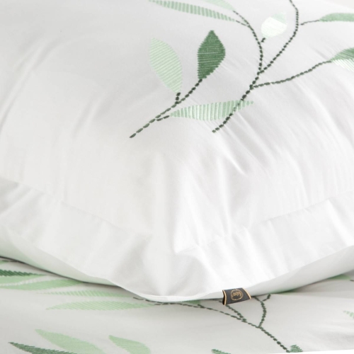 Premium pościel haftowana biała 220x200 zielone liście