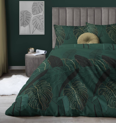 Pościel satyna bawełniana Home Satin  zielona 160x200 w liście monstery