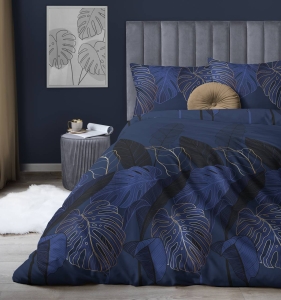 Pościel satyna bawełniana Home Satin granatowa 220x200 w liście monstery 