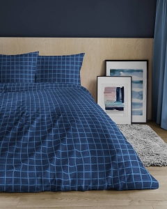 Pościel satyna bawełniana Home Satin granatowa 180x200 z dwoma poszewkami 50x70 w kratkę
