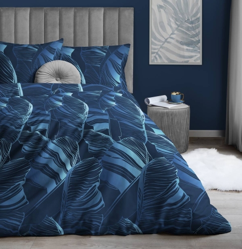Pościel satyna bawełniana Home Satin granatowa 220x200 w liście