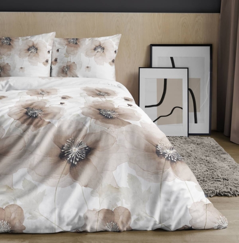 Pościel satyna bawełniana Home Satin biała 180x200 w brązowe kwiaty