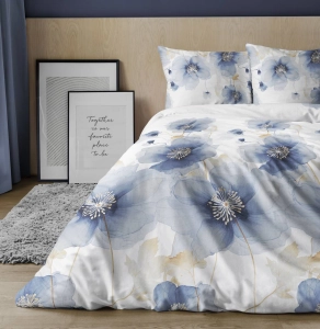 Pościel satyna bawełniana Home Satin biała 220x200 w błękitne kwiaty