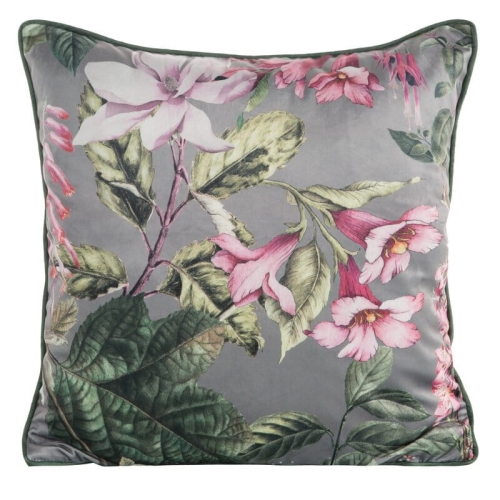 Poszewka dekoracyjna velvet stalowa 45x45 w różowe kwiaty