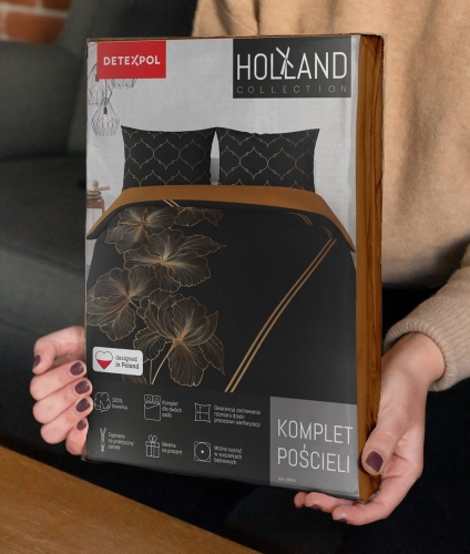 Pościel bawełniana Holland czarna 220x200 w złote kwiaty 