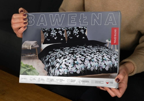 Pościel bawełniana 100% czarna 220x200 w listki