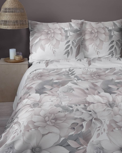 Pościel bawełniana 100% biała 220x200 w pudrowe kwiaty