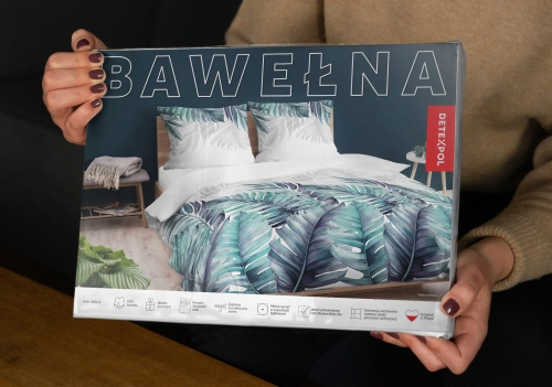 Pościel bawełniana 100% biała 220x200 w turkusowe liście