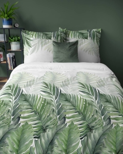 Pościel bawełniana 100% biała 220x200 w zielone liście