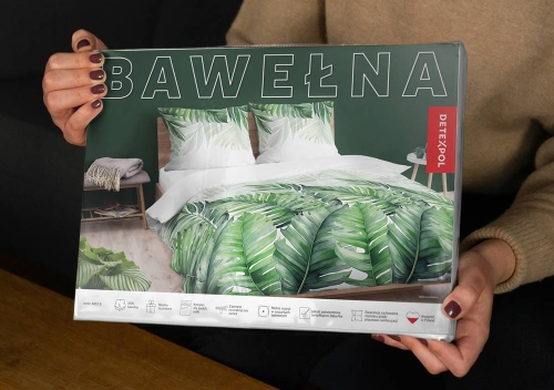 Pościel bawełniana 100% biała 220x200 w zielone liście