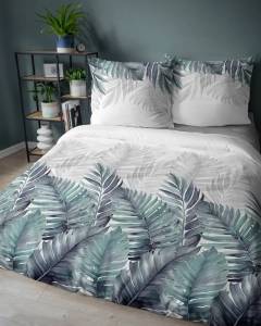 Pościel bawełniana 100% biała 160x200 w turkusowe liście