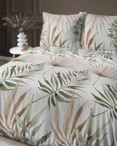 Pościel bawełniana 100% biała 160x200 w zielone i beżowe liście