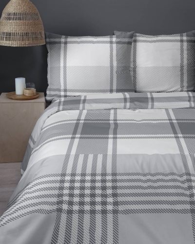 Pościel bawełniana 100% biało szara 160x200 kratka