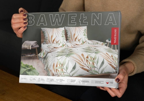Pościel bawełniana 100% biała 220x200 w zielone i beżowe liście