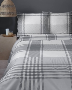 Pościel bawełniana 100% biało szara 220x200 kratka